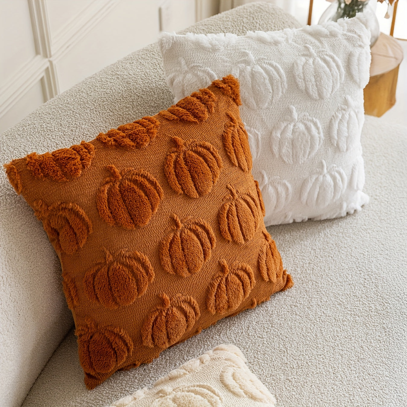 Plyschigt pumpaörngott – Mjukt fuskpäls-kuddfodral för mysig höst- och höstinredning