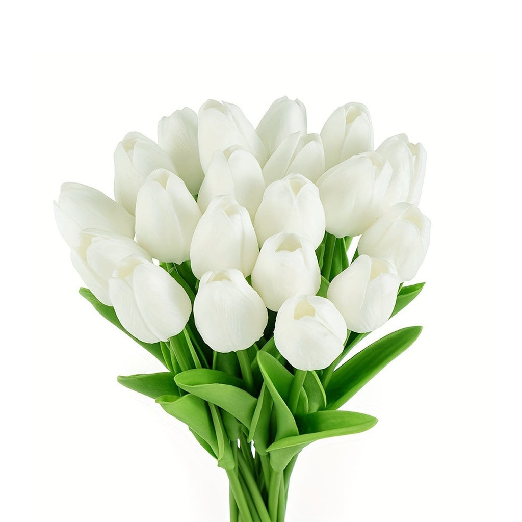 10-delad vit fusktulpanbukett – naturtroget sidenblomsterarrangemang för elegant hem- och evenemangsdekor