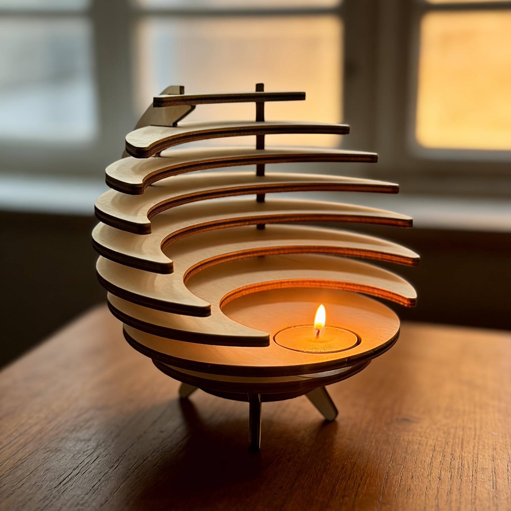 Handgjord ljusstake i trä med halvmåne – Rustik halvcirkeldekor