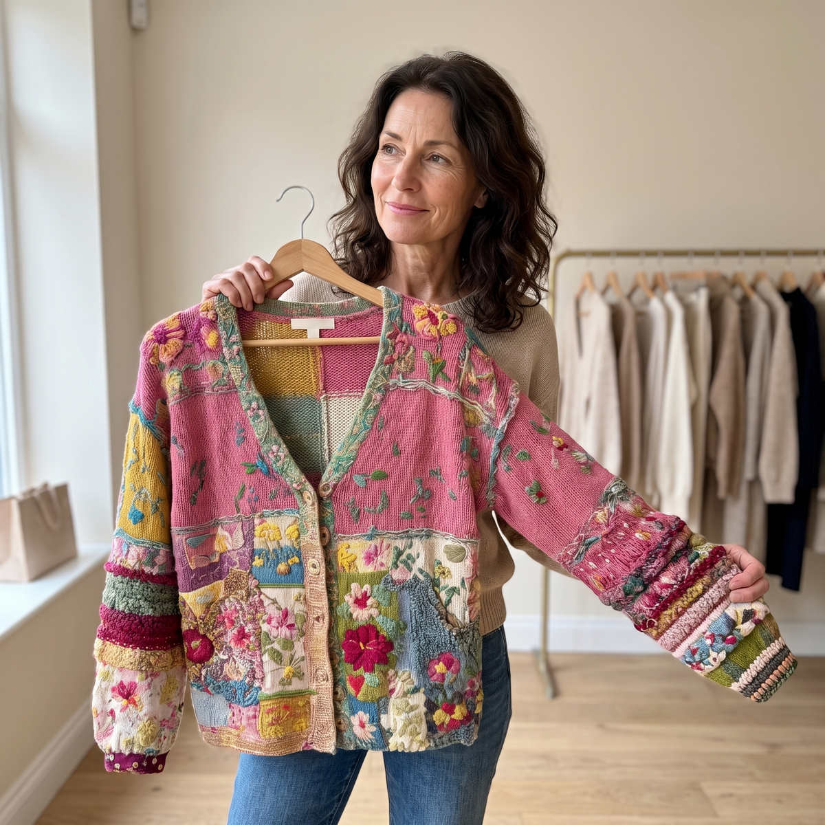 Morwenna | Hantverksmässig kofta med knäppning, V-ringning och avslappnad passform – stickad i blommigt patchwork-mönster
