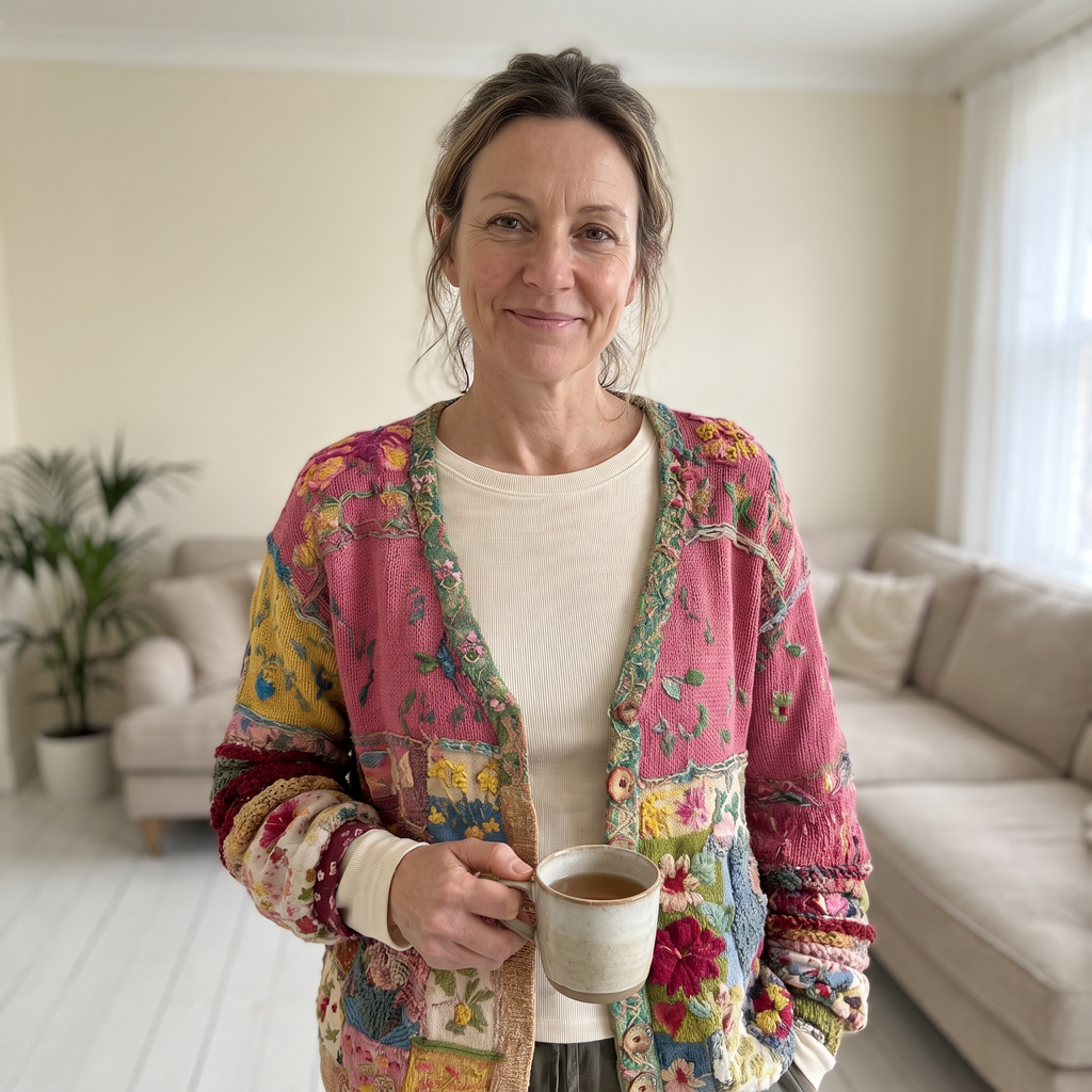 Morwenna | Hantverksmässig kofta med knäppning, V-ringning och avslappnad passform – stickad i blommigt patchwork-mönster