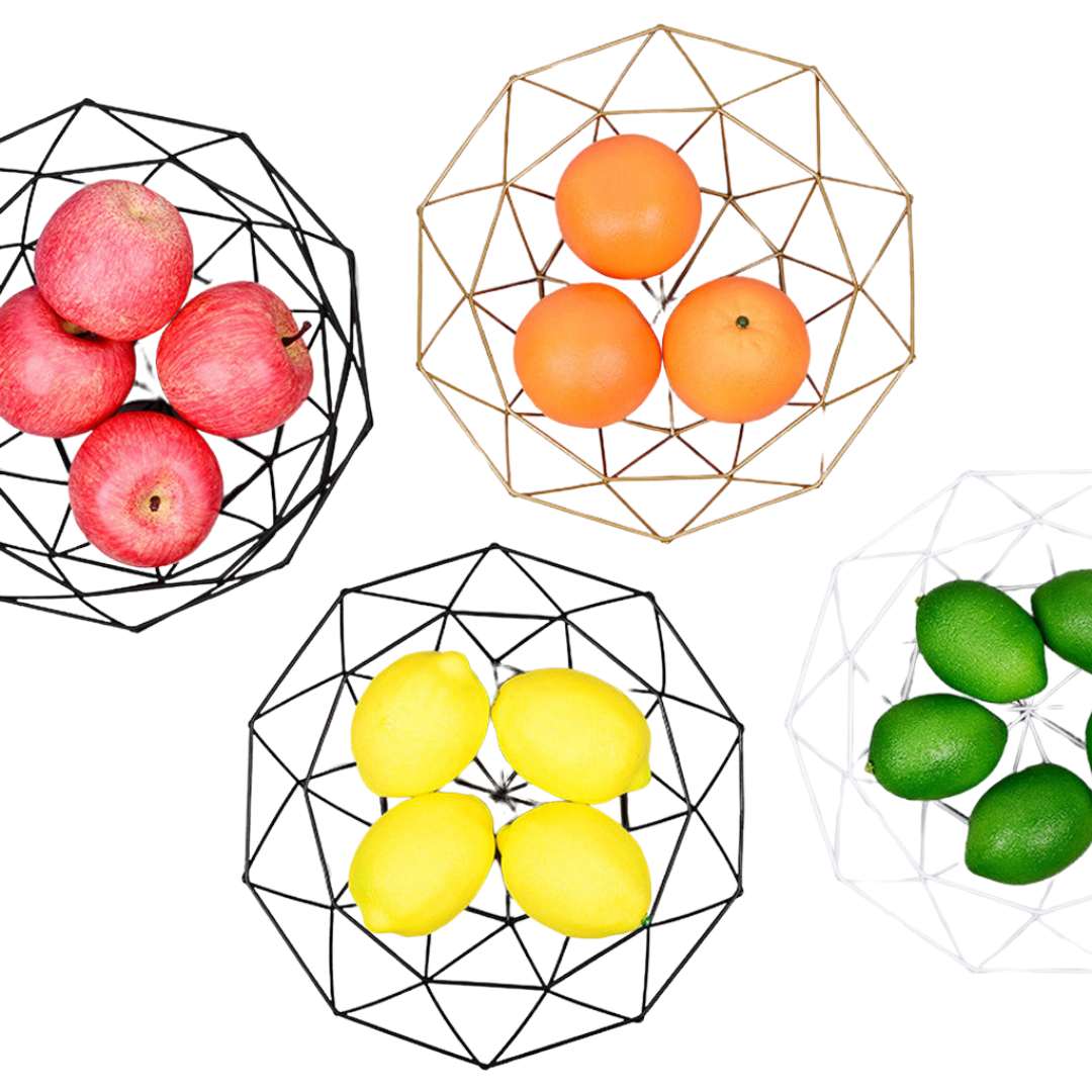 Modern geometrisk fruktskål i metall – genombruten järndesign med livfull finish