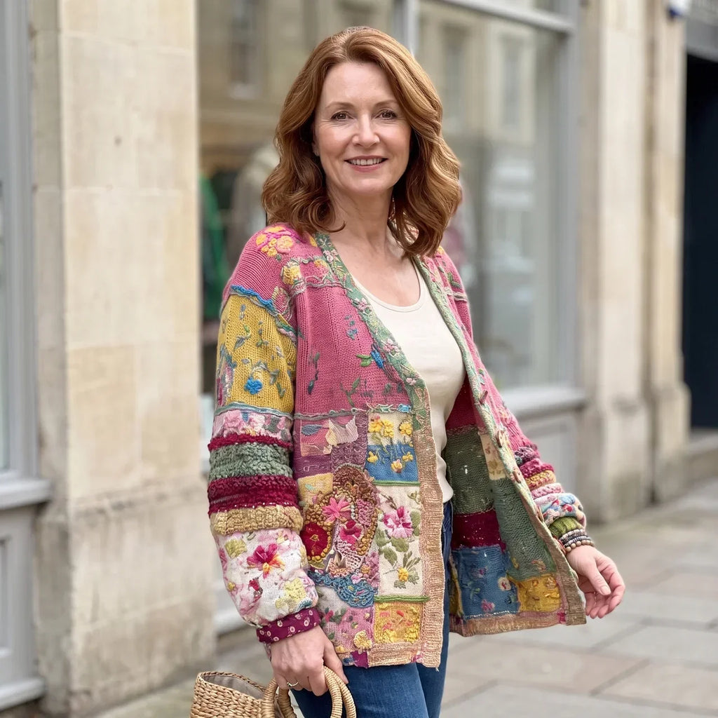 Morwenna | Hantverksmässig kofta med knäppning, V-ringning och avslappnad passform – stickad i blommigt patchwork-mönster