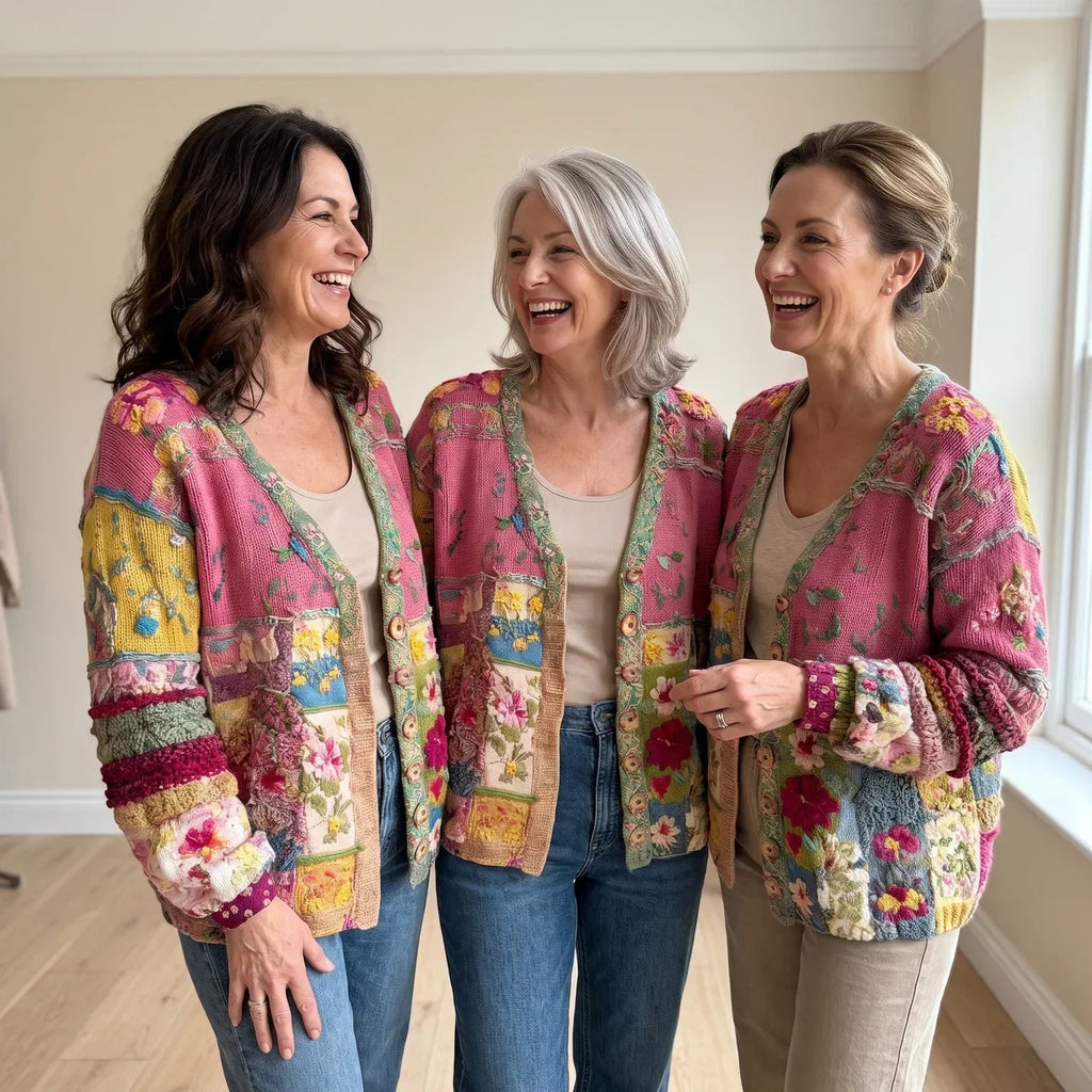 Morwenna | Hantverksmässig kofta med knäppning, V-ringning och avslappnad passform – stickad i blommigt patchwork-mönster