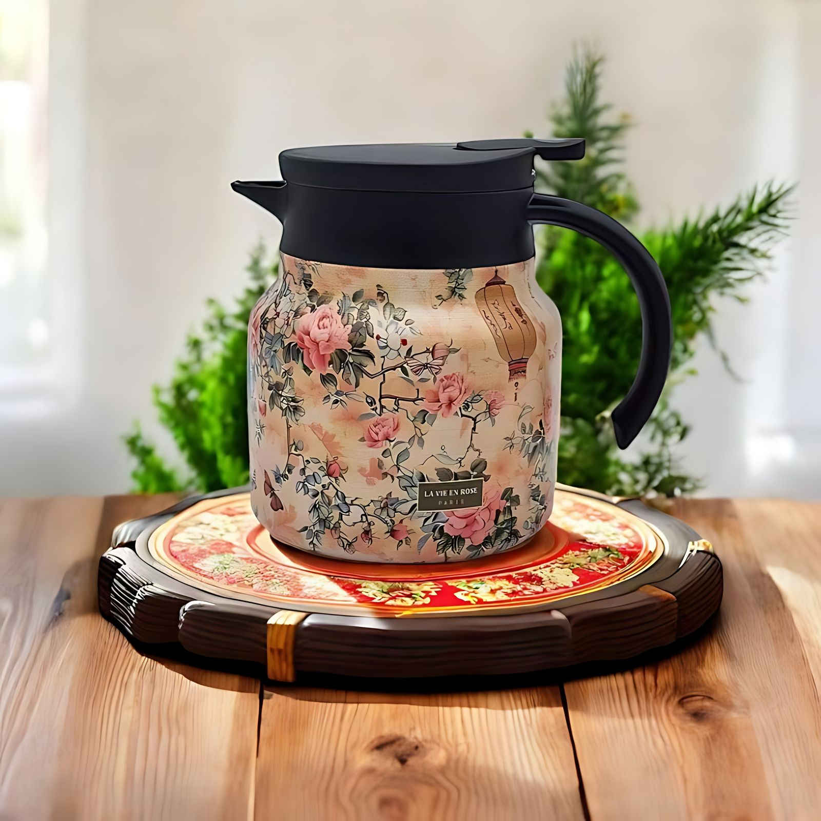 Blommig teflaska i rostfritt stål – isolerad termos med inbyggd tebryggare