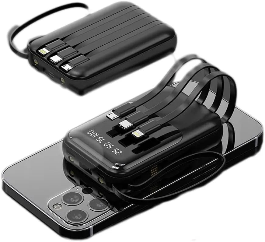 10 000 mAh kompakt powerbank — Snabbladdande bärbart batteri med inbyggda kablar och LED-display