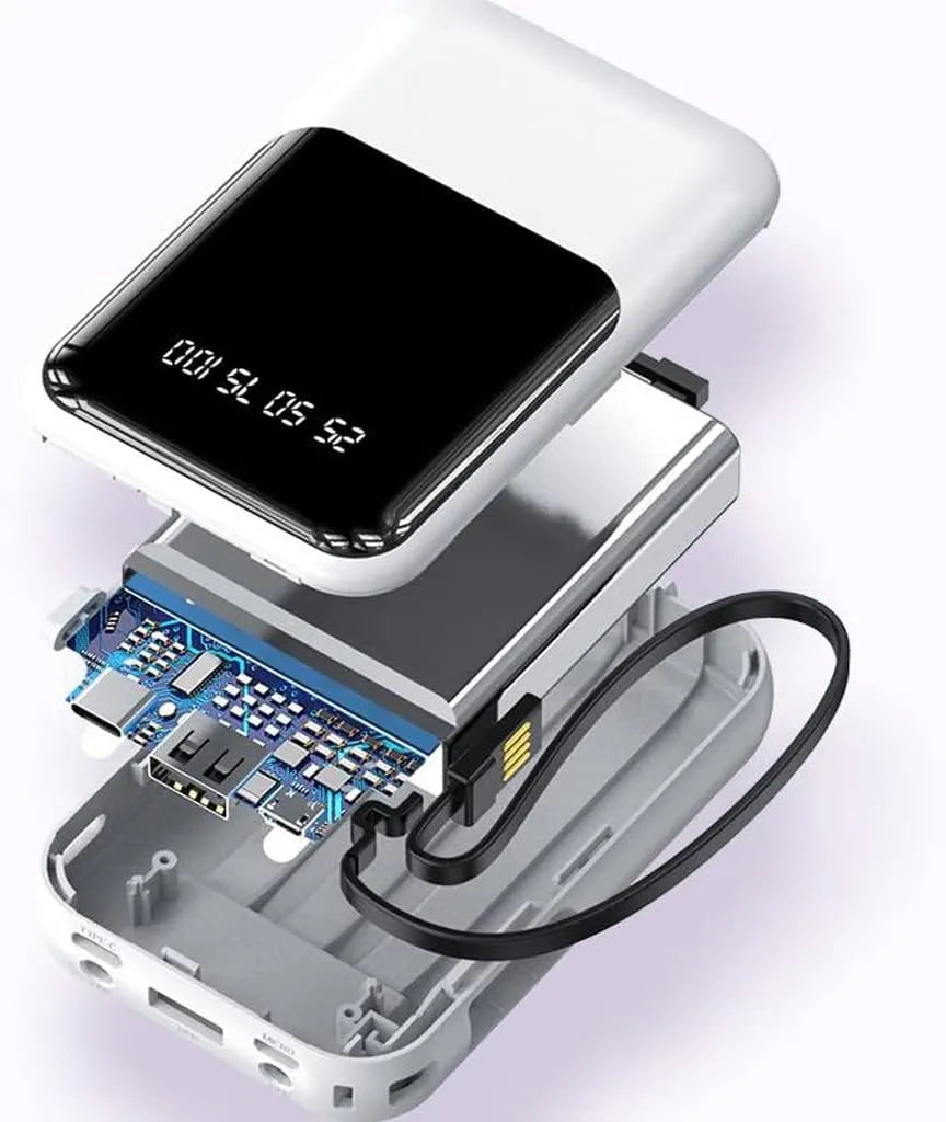 10 000 mAh kompakt powerbank — Snabbladdande bärbart batteri med inbyggda kablar och LED-display