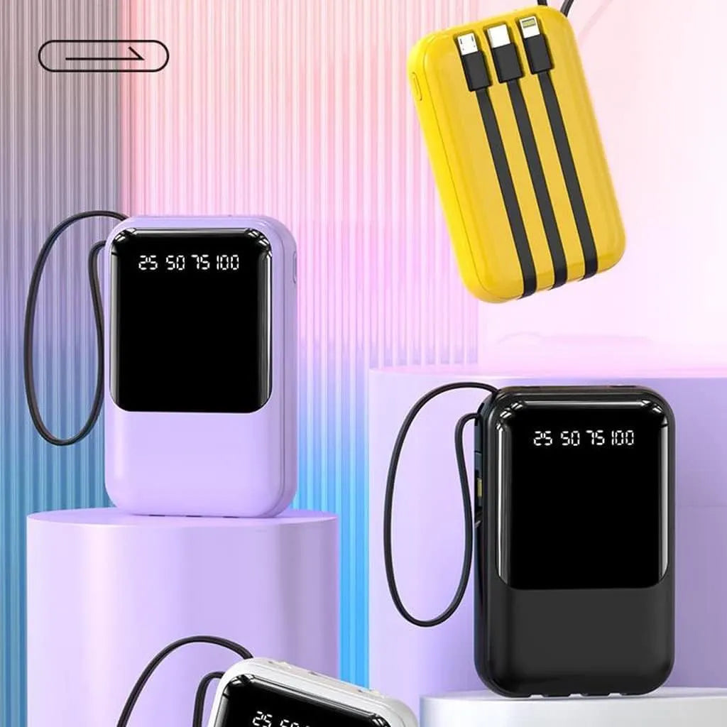 10 000 mAh kompakt powerbank — Snabbladdande bärbart batteri med inbyggda kablar och LED-display