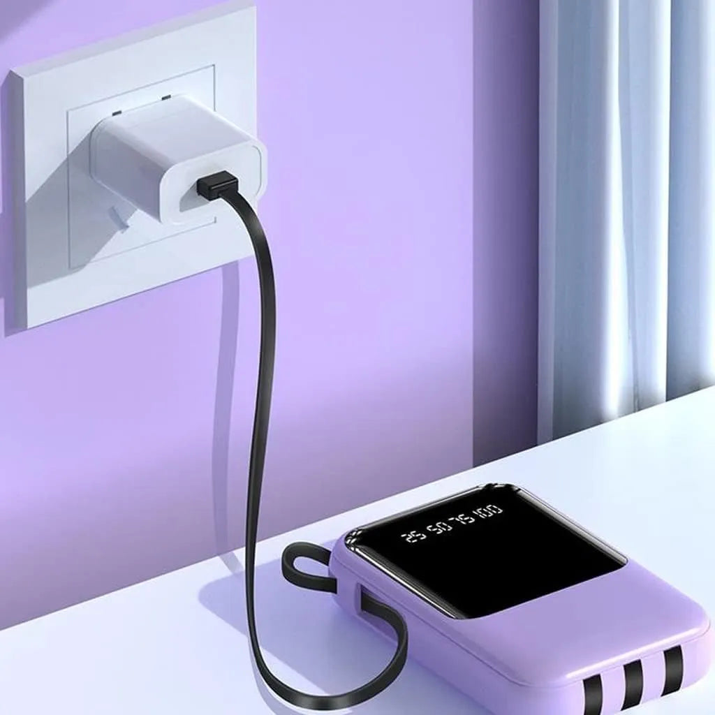 10 000 mAh kompakt powerbank — Snabbladdande bärbart batteri med inbyggda kablar och LED-display