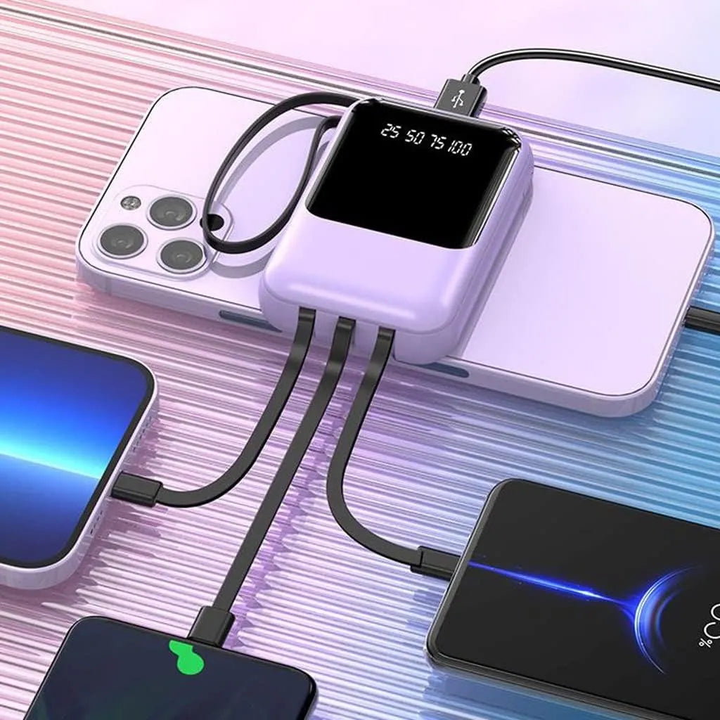10 000 mAh kompakt powerbank — Snabbladdande bärbart batteri med inbyggda kablar och LED-display