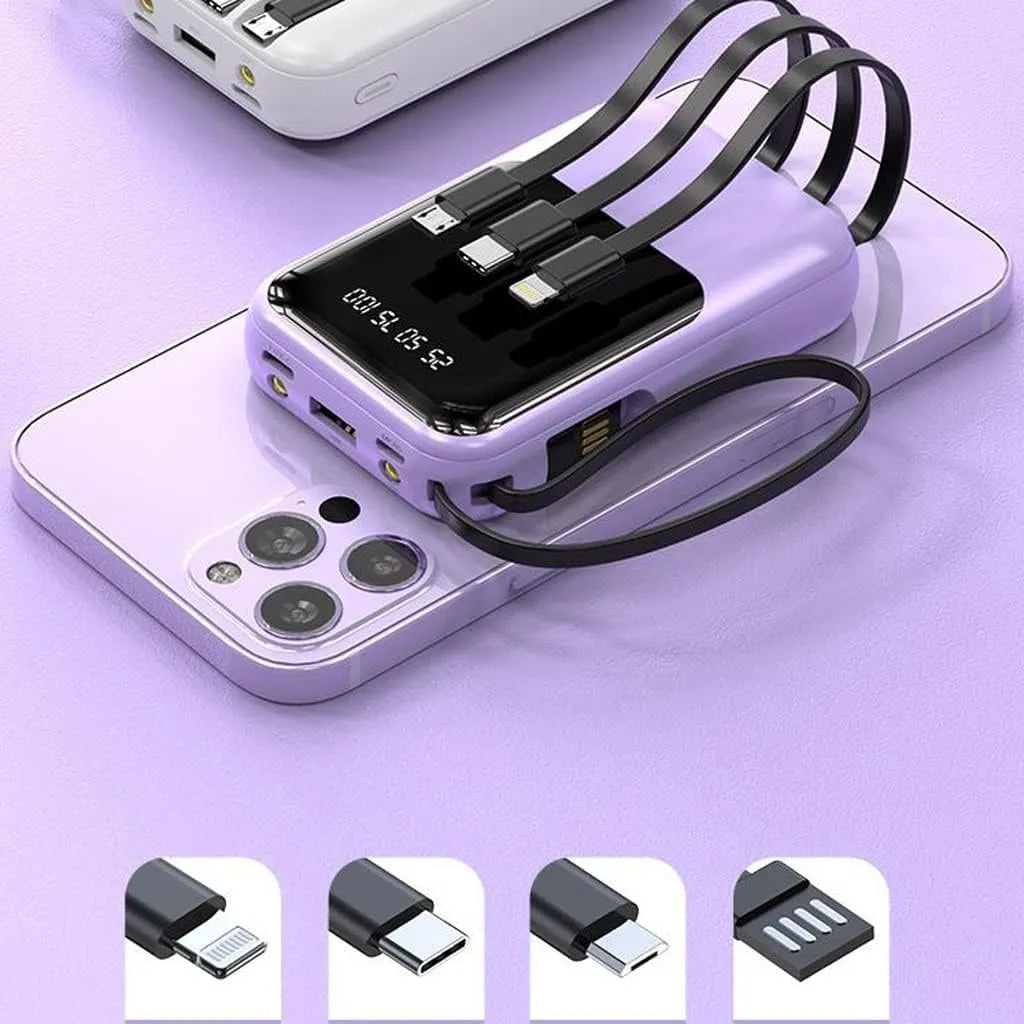 10 000 mAh kompakt powerbank — Snabbladdande bärbart batteri med inbyggda kablar och LED-display