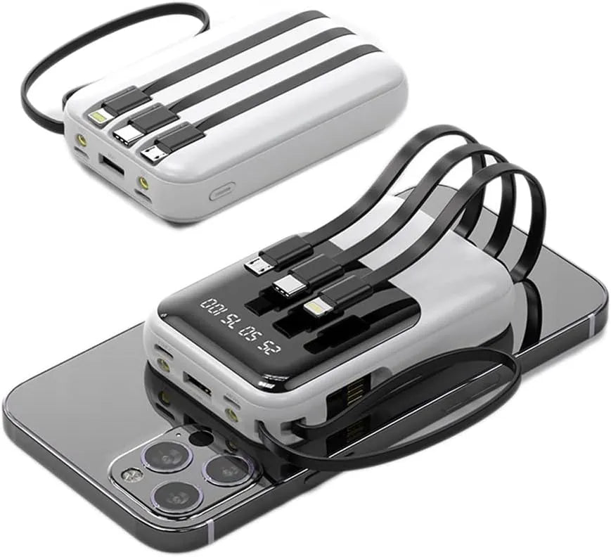 10 000 mAh kompakt powerbank — Snabbladdande bärbart batteri med inbyggda kablar och LED-display
