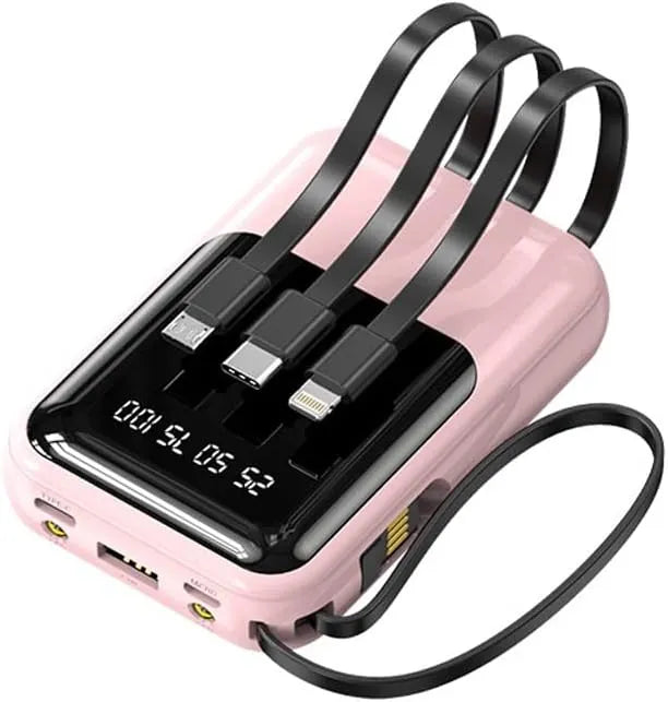 10 000 mAh kompakt powerbank — Snabbladdande bärbart batteri med inbyggda kablar och LED-display