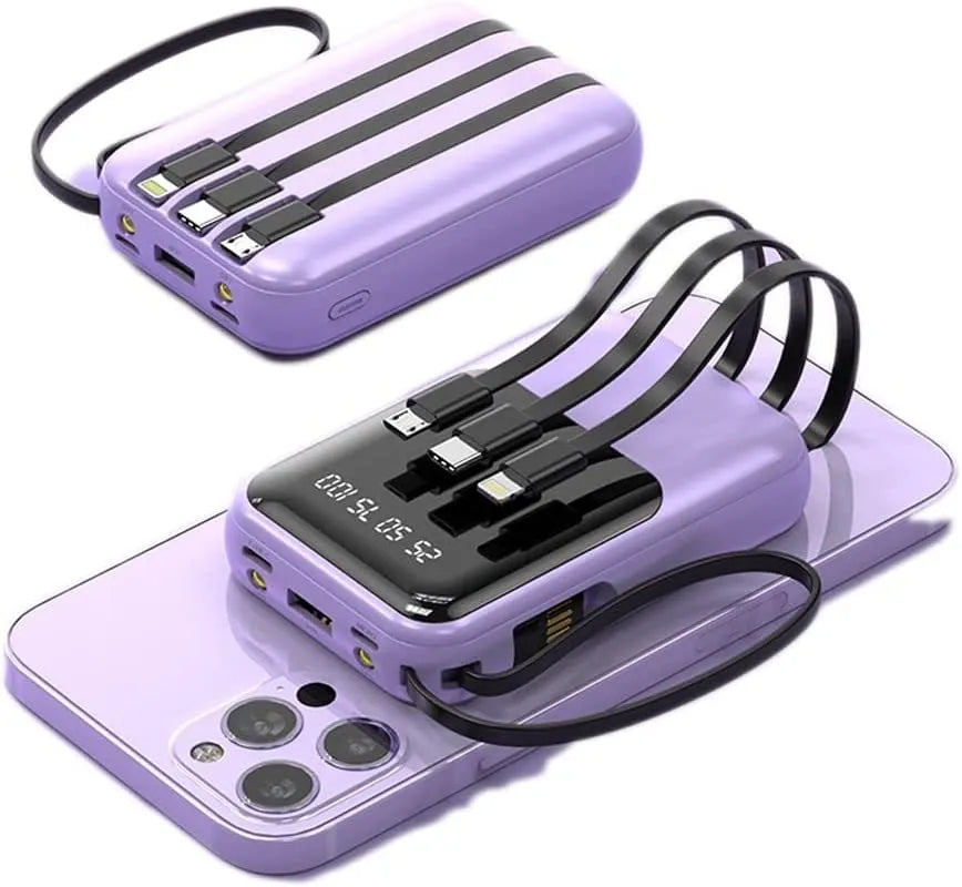 10 000 mAh kompakt powerbank — Snabbladdande bärbart batteri med inbyggda kablar och LED-display