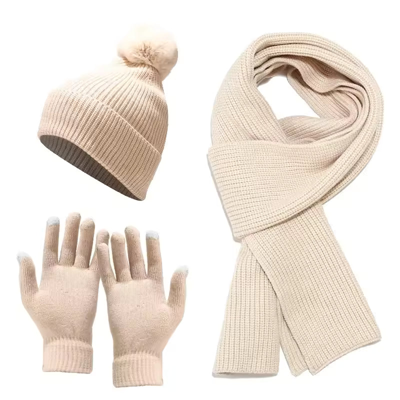 Vinteraccessoarset för kvinnor - Varm stickad mössa, halsduk och handskar, 3-delat paket