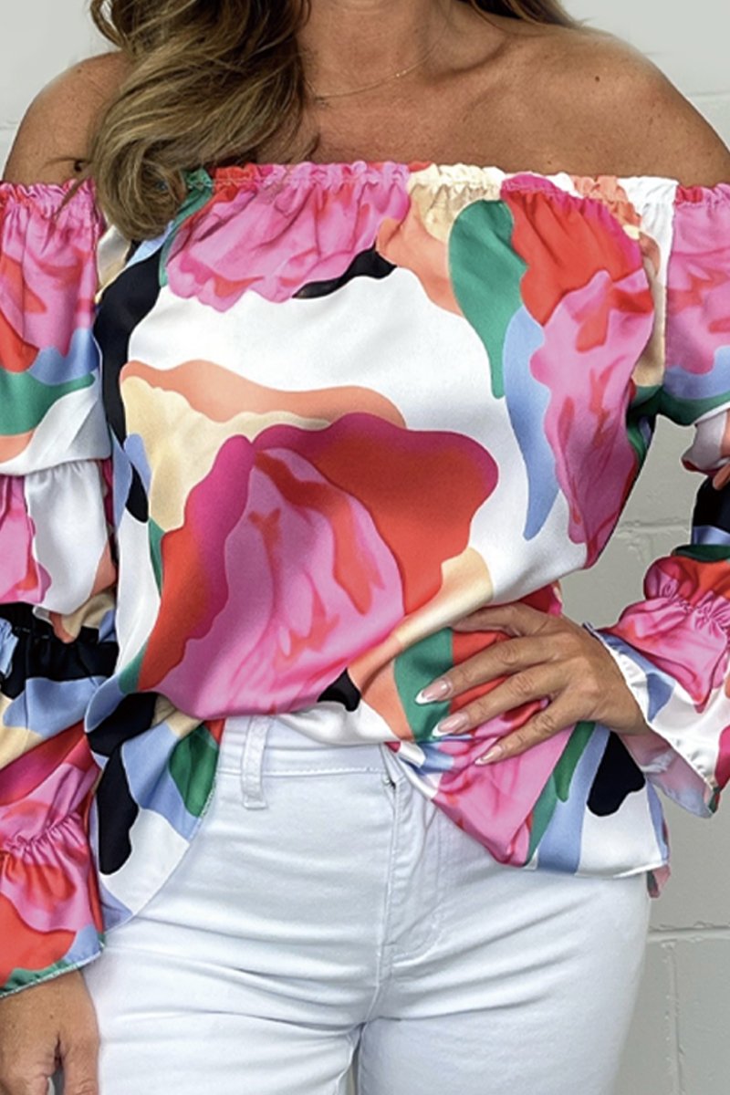 Blommig off-shoulder-blus för kvinnor – Lyxig silkeslen topp med elegant botaniskt tryck