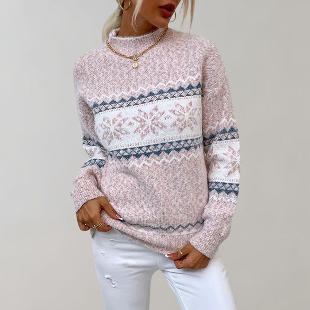 Florienne | Snöflinge Jacquard Mock-Neck Tröja - Flecked Winter Stickad