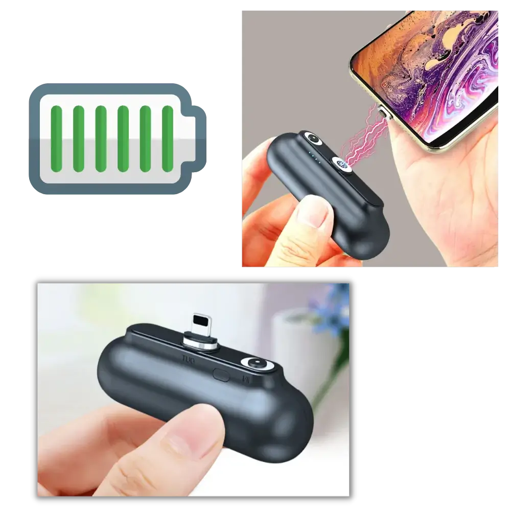 Kompakt bärbar powerbank – Miniladdare med utbytbara kontakter för alla enheter