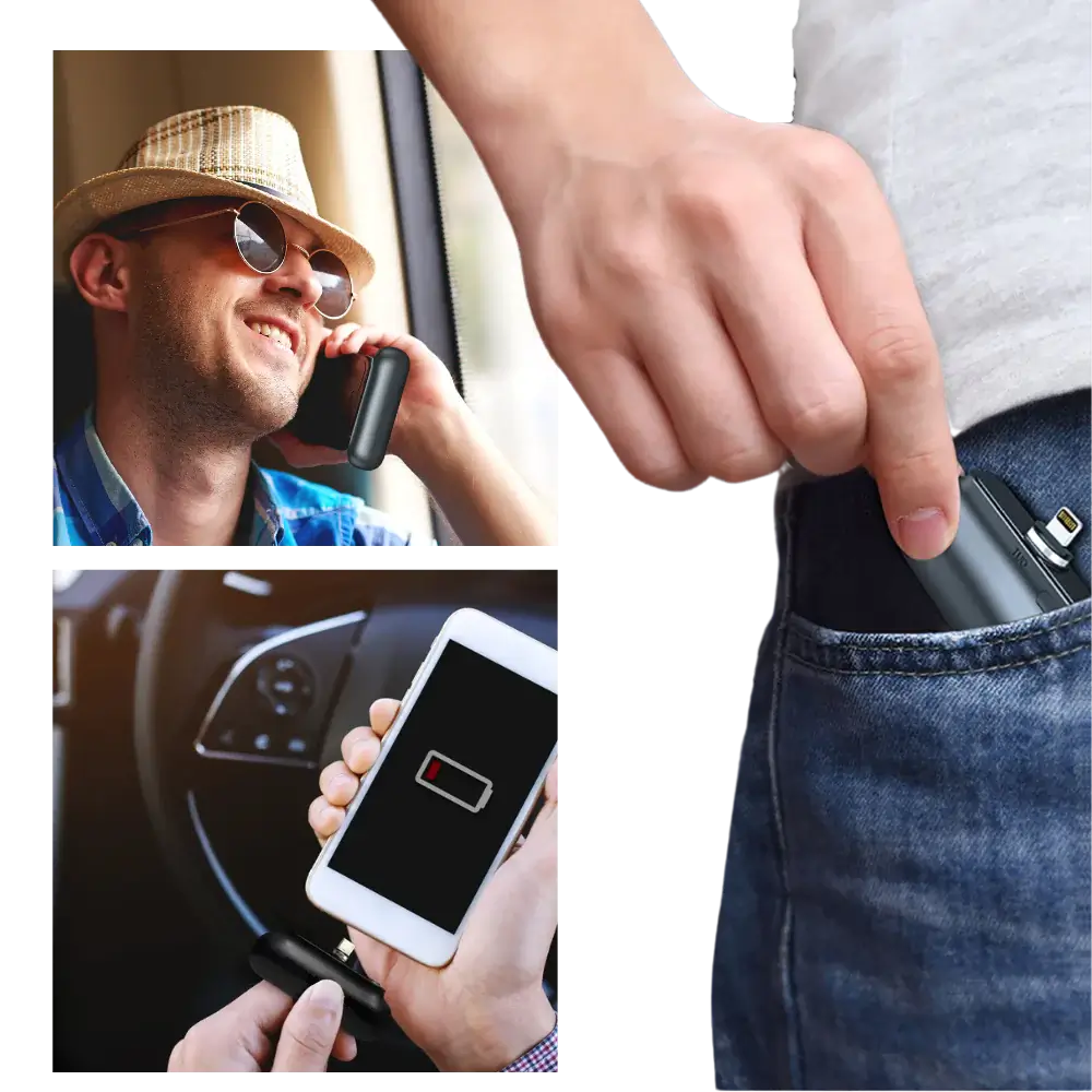 Kompakt bärbar powerbank – Miniladdare med utbytbara kontakter för alla enheter
