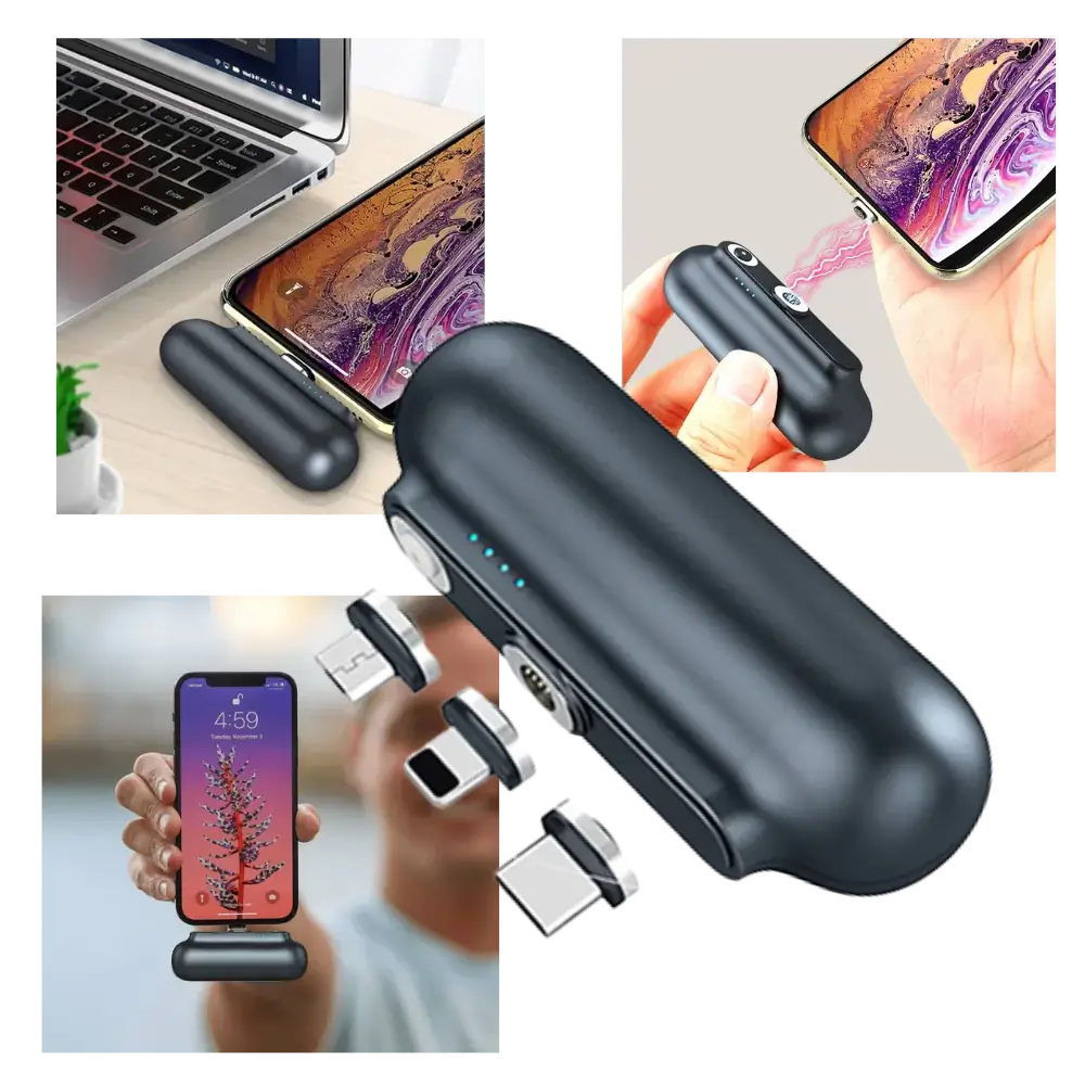 Kompakt bärbar powerbank – Miniladdare med utbytbara kontakter för alla enheter