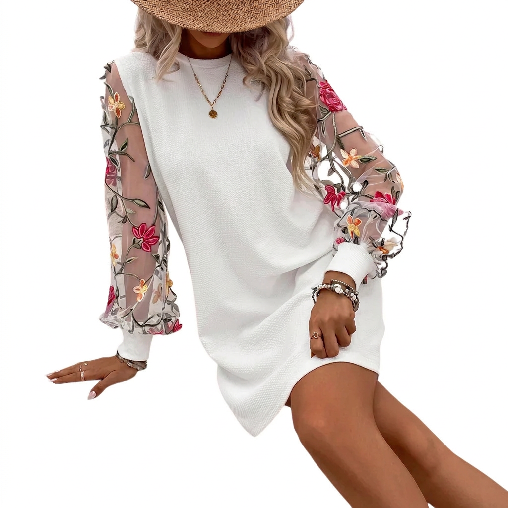 Isolda | Floral-Embroidered Mesh-Sleeve Dress Long-Sleeve Crew-Neck Cocktail Dress