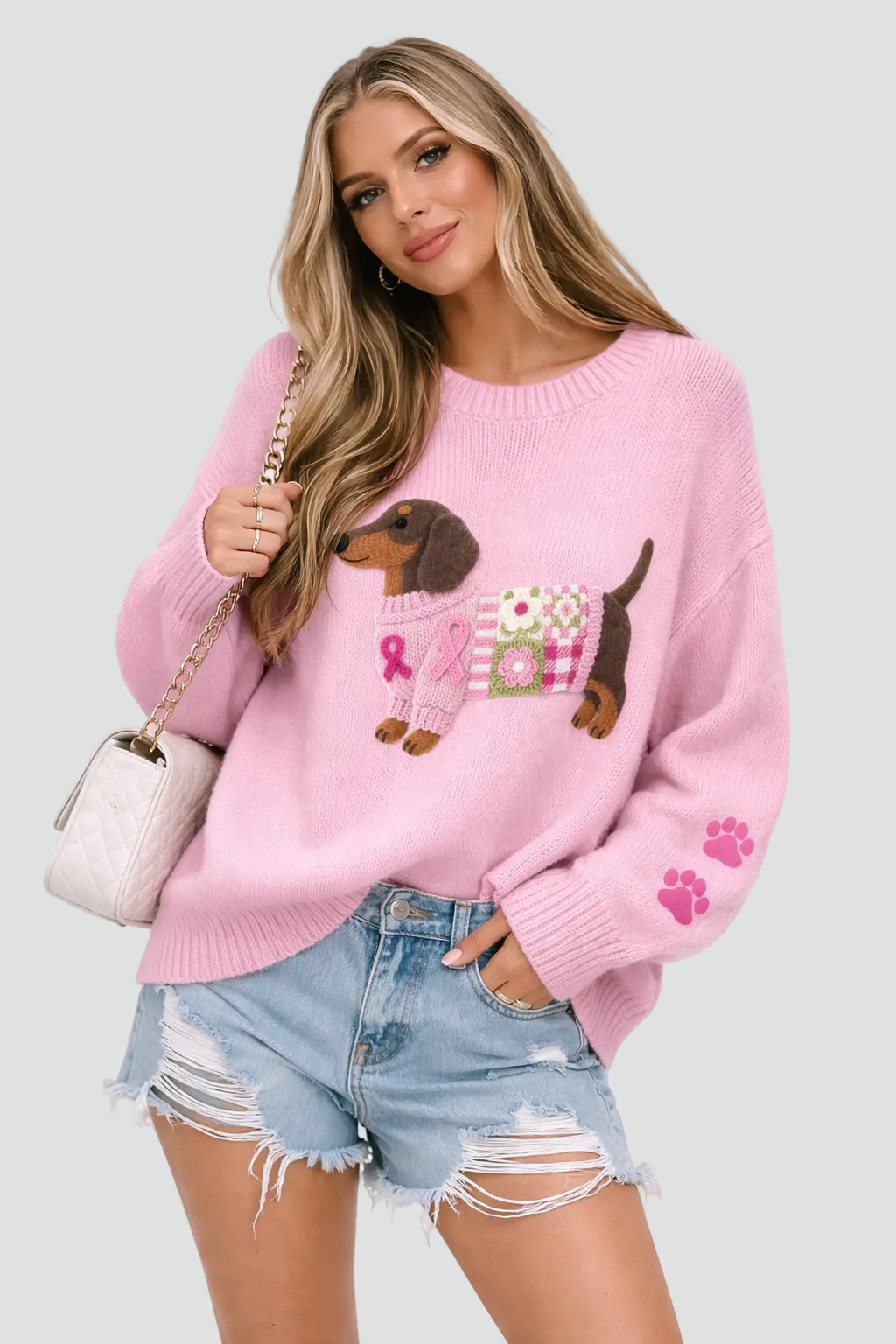 Primrose | Ribbstickad tröja med rund hals, intarsiamotiv av hund och nedhasad axel – avslappnat stickat
