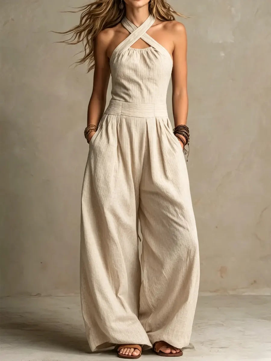 Aravelle | Randig halterneckjumpsuit med vida ben – böljande vida ben och fickor