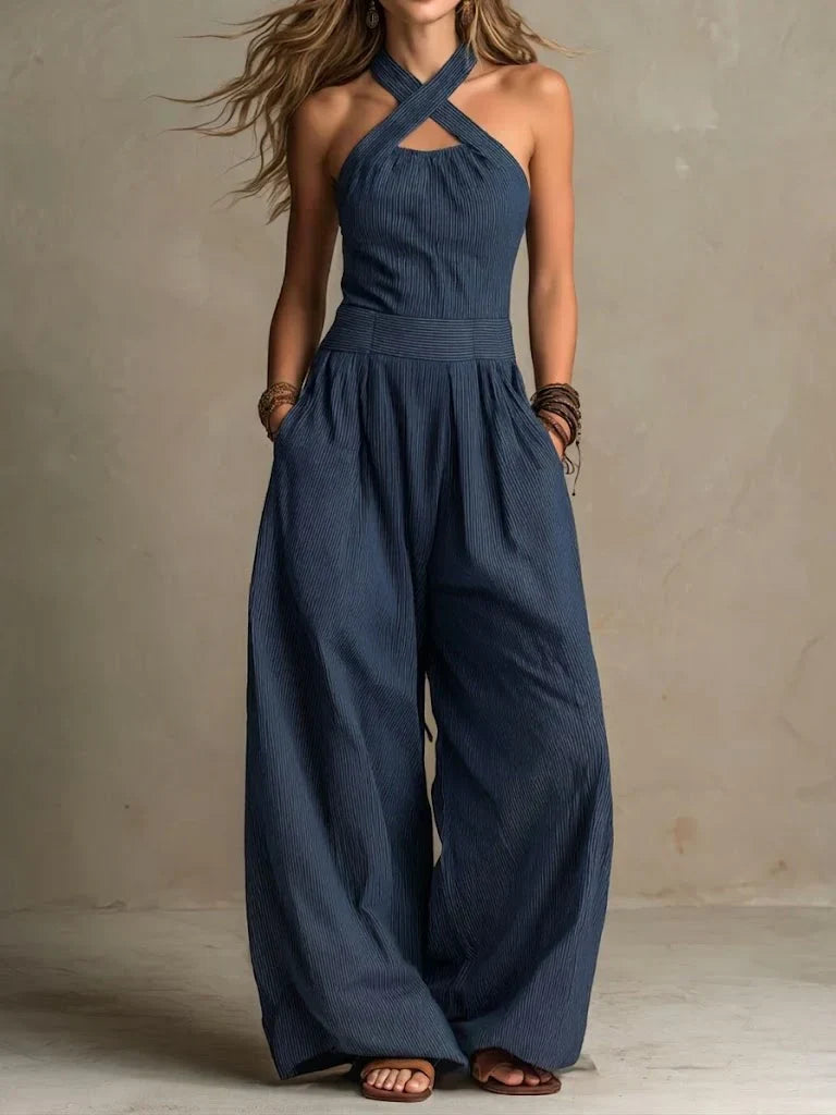 Aravelle | Randig halterneckjumpsuit med vida ben – böljande vida ben och fickor