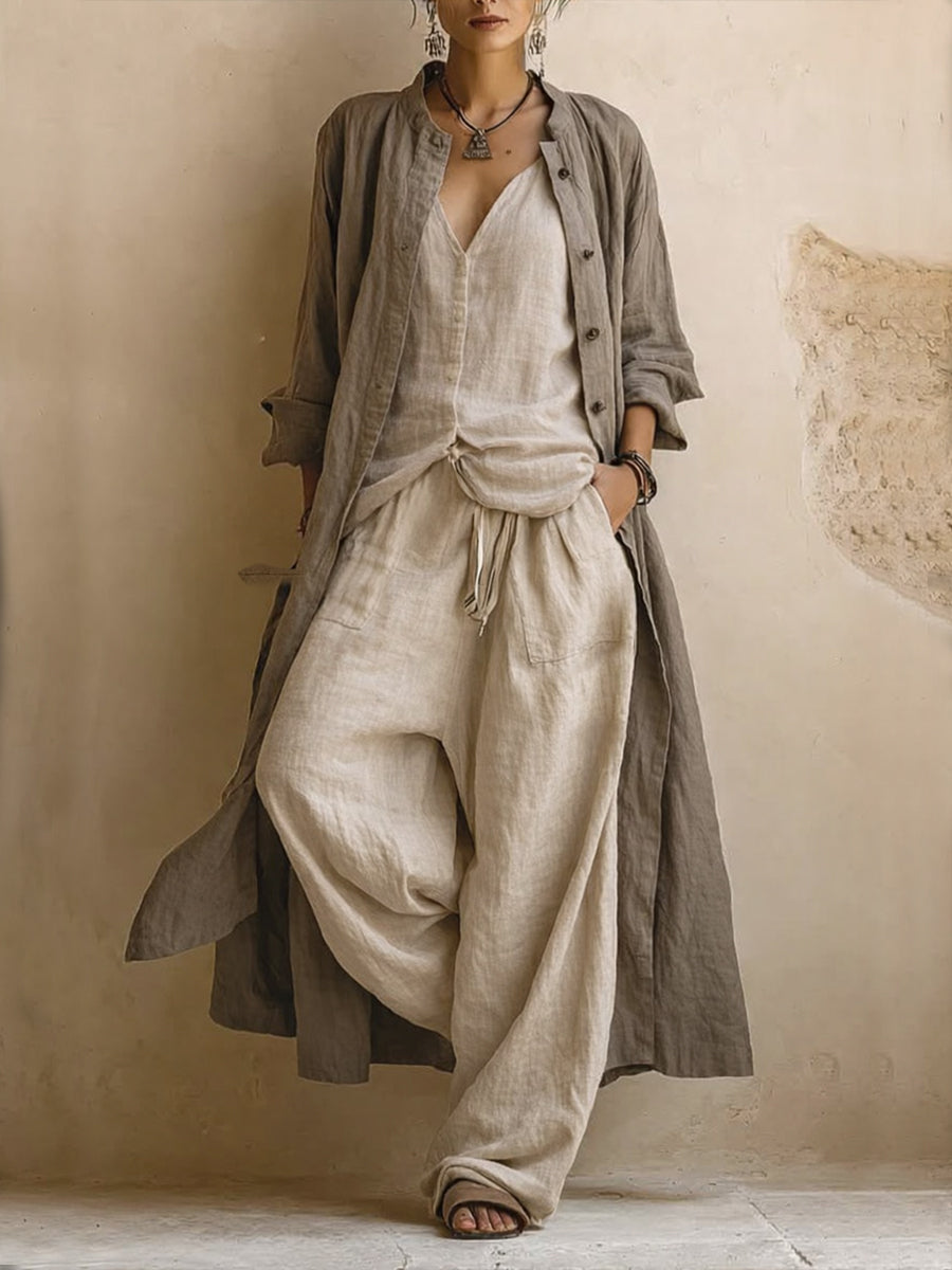 Theresa | Avslappnat set med lång damduk och byxor i linneblandning - Boho-chic loungewear
