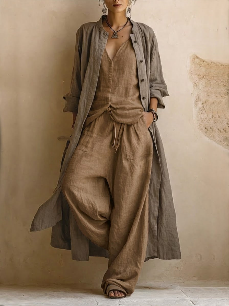 Theresa | Avslappnat set med lång damduk och byxor i linneblandning - Boho-chic loungewear