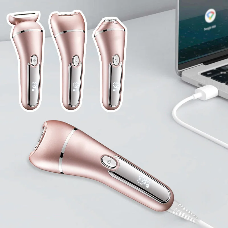 Uppladdningsbar 3-i-1 elektrisk rakapparat för kvinnor – Vattentät rakhyvel för hårborttagning i ansiktet, kroppen och bikinin