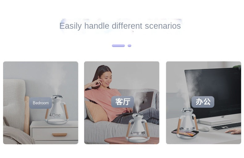 2-i-1 Mini Luftfuktare & Trådlös Laddare – Kompakt Luftfuktare med Telefonladdningsdocka