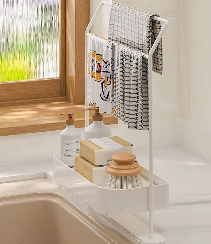 Rostfri diskbänksorganisatör i kolstål – Snabbtömmande köksbehållare för svampar och borstar