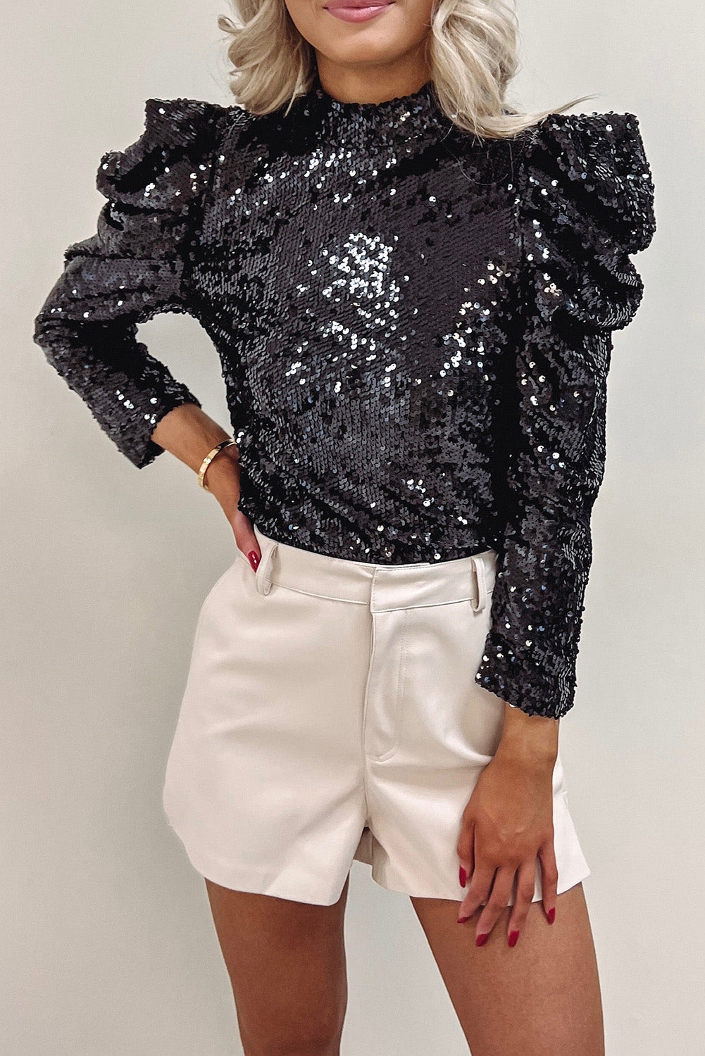 Damtopp med glittermotiv - Chic långärmad glamorös festtopp