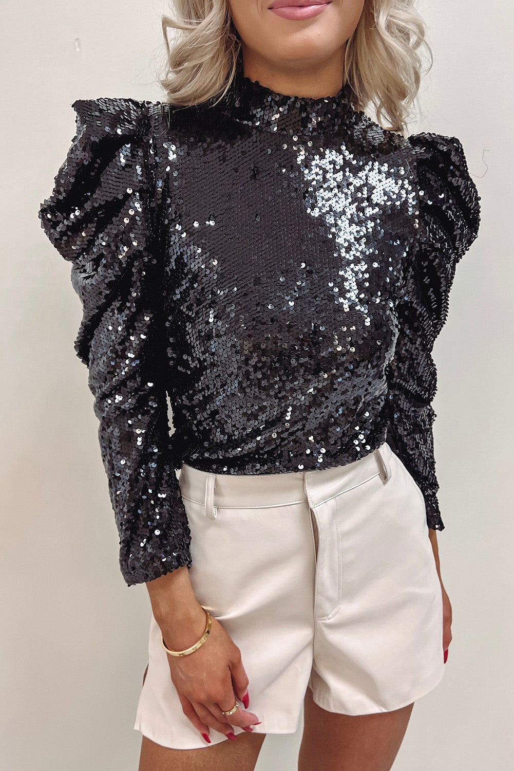 Damtopp med glittermotiv - Chic långärmad glamorös festtopp