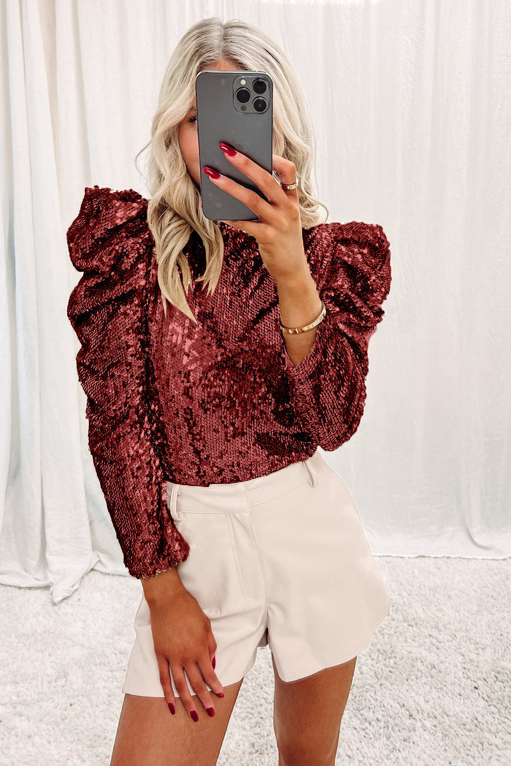 Damtopp med glittermotiv - Chic långärmad glamorös festtopp