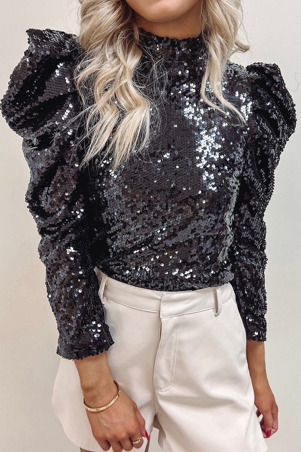 Damtopp med glittermotiv - Chic långärmad glamorös festtopp