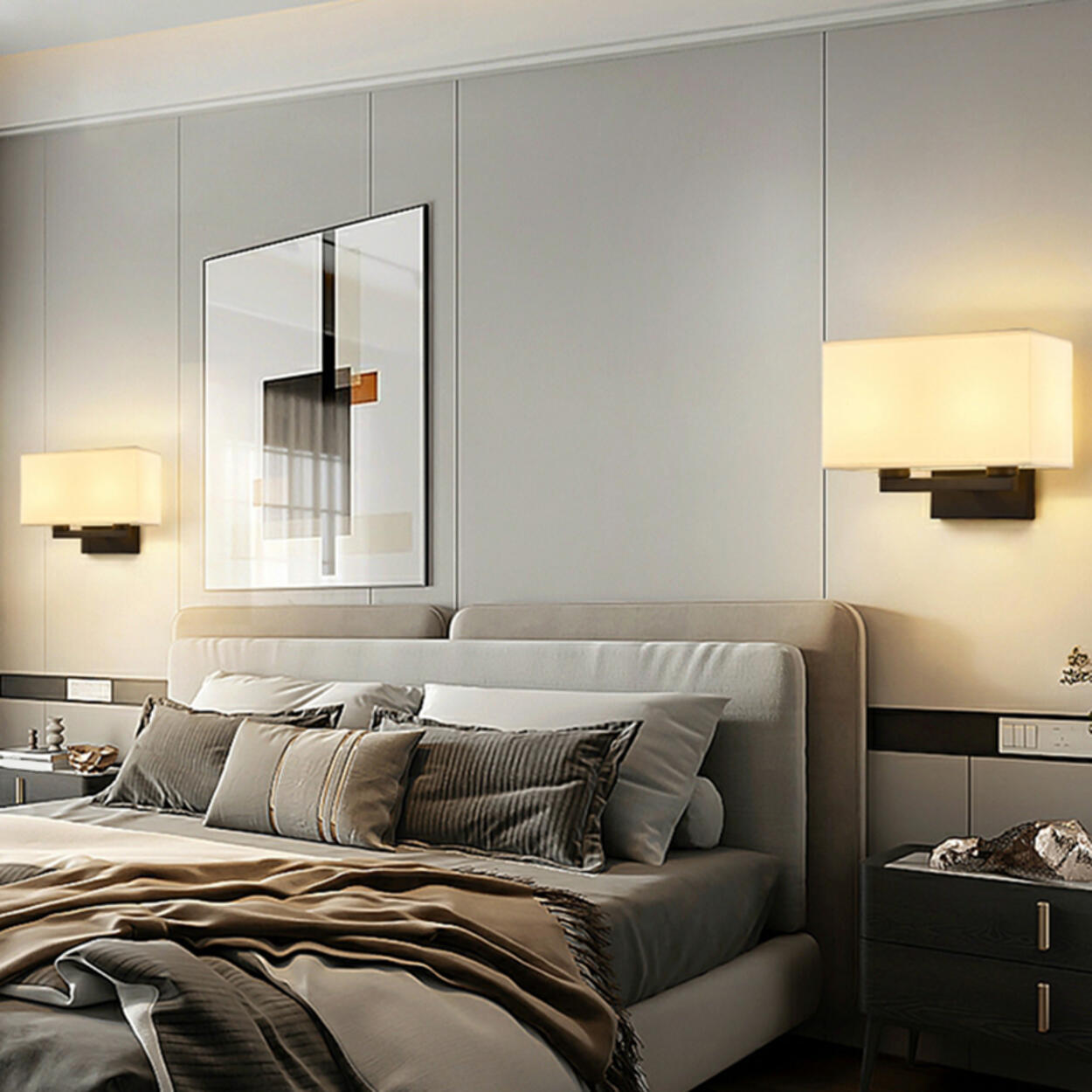 Modern vägglampa i tyg med skärm – Geometrisk design för sovrumsbelysning