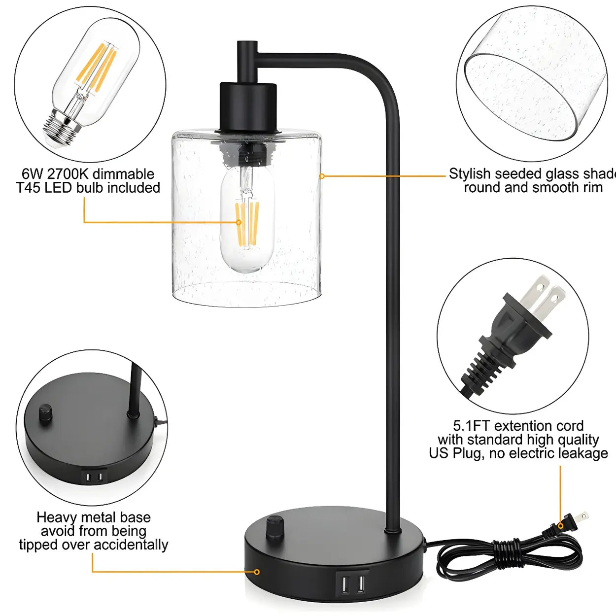 Modern industriell bordslampa med klar glasskärm – Elegant hem- och kontorsbelysning