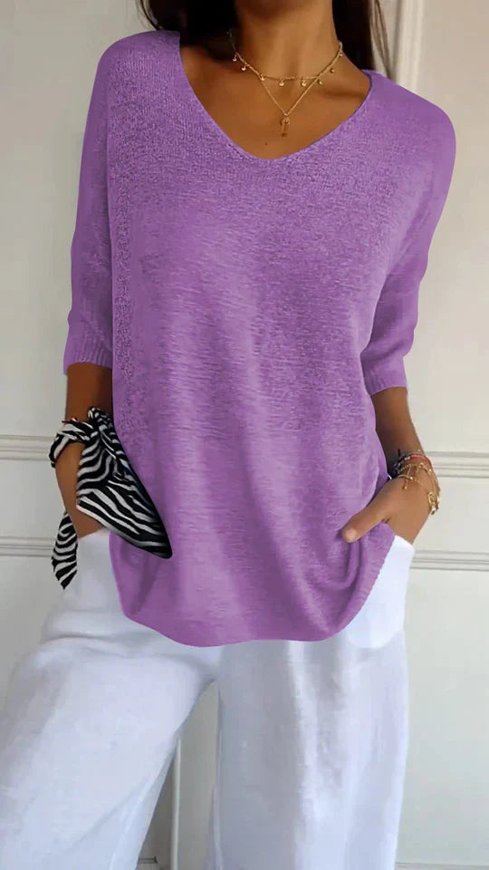Stickad tröja med V-ringning och halvärmar för kvinnor