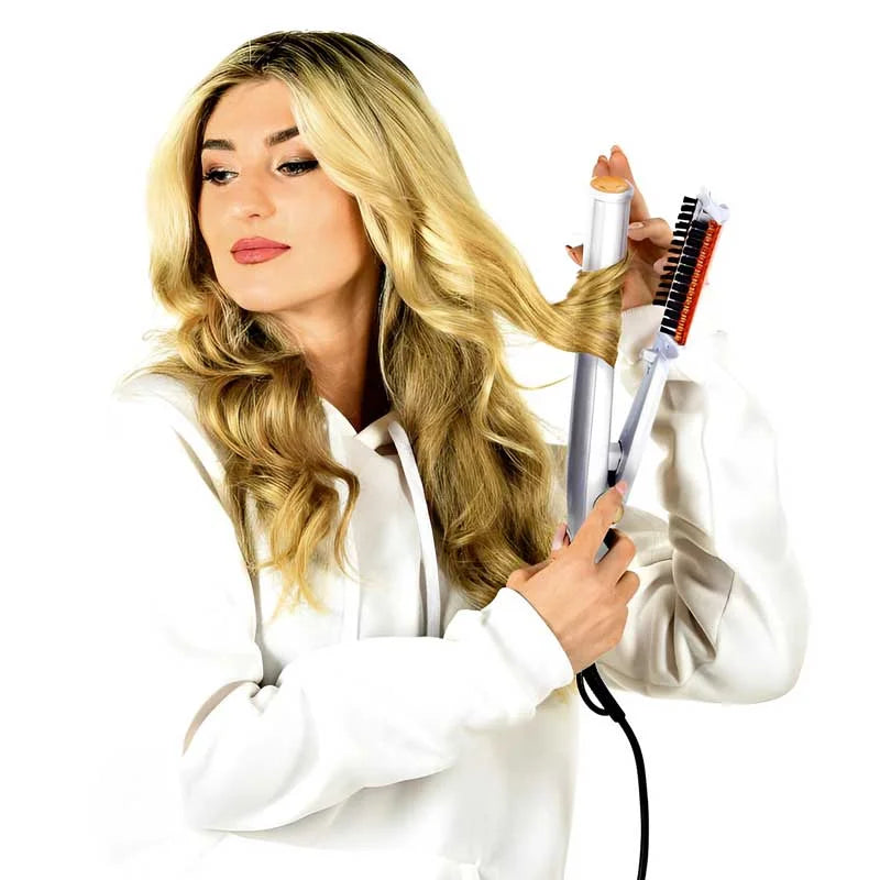 2-i-1 hårstylingapparat – roterande plattång och varm borste för slätt och glansigt hår