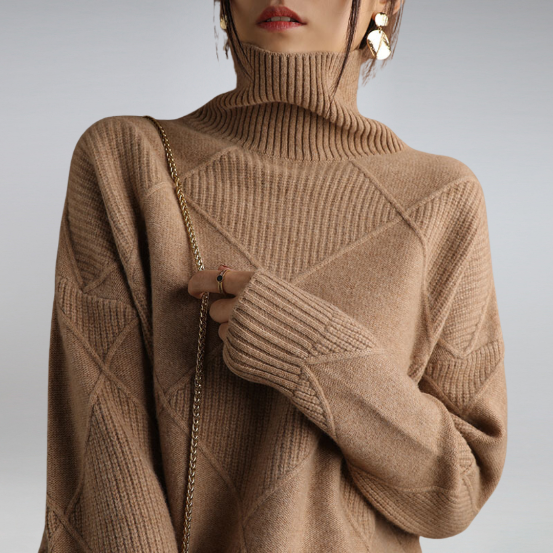 Selestia | Diamantmönster Höghalsad Ribbad Tröja - Elegant Geometrisk Polotröja