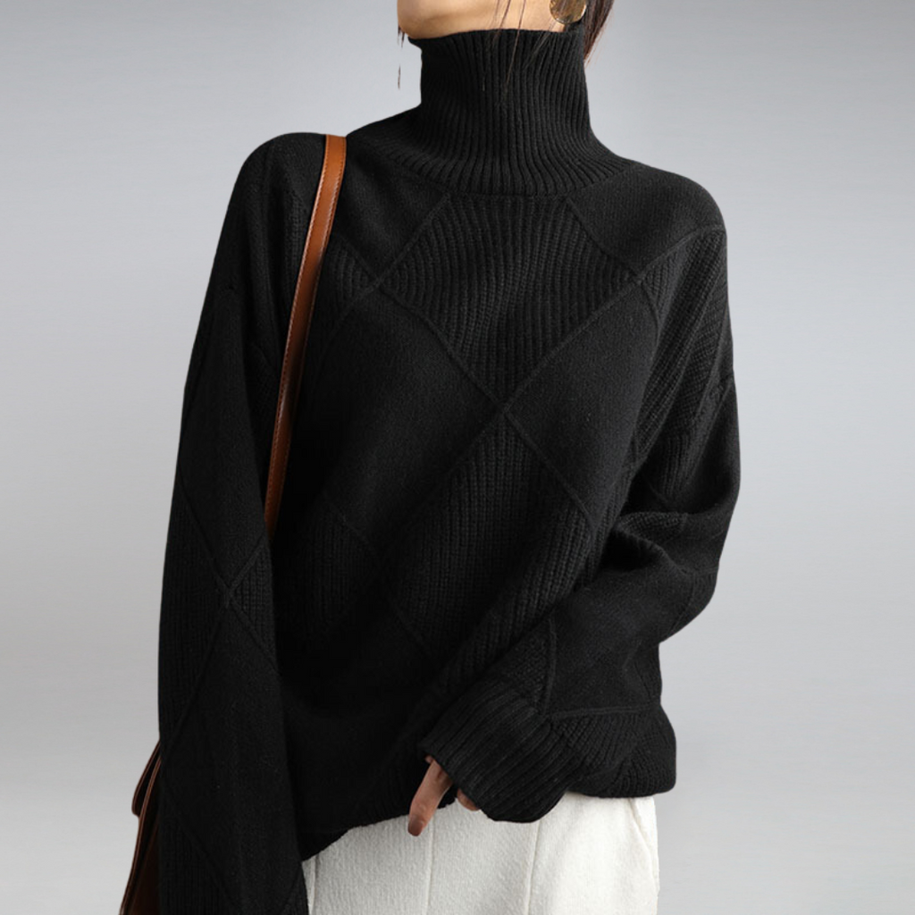 Selestia | Diamantmönster Höghalsad Ribbad Tröja - Elegant Geometrisk Polotröja