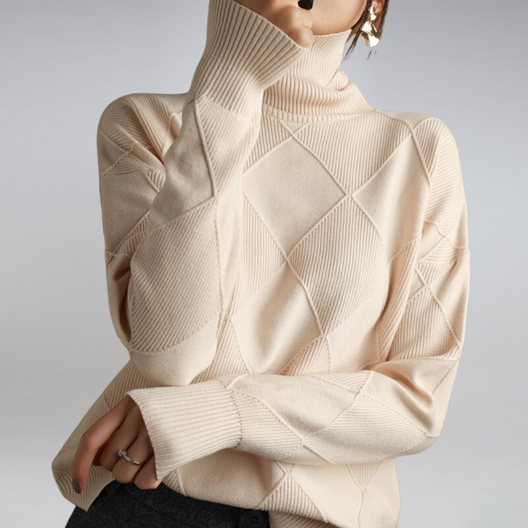Selestia | Diamantmönster Höghalsad Ribbad Tröja - Elegant Geometrisk Polotröja