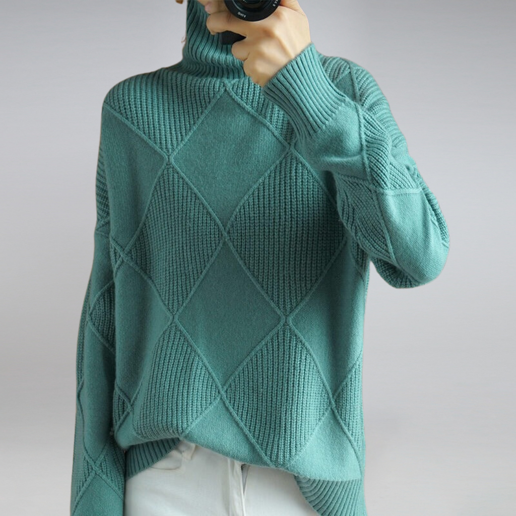 Selestia | Diamantmönster Höghalsad Ribbad Tröja - Elegant Geometrisk Polotröja