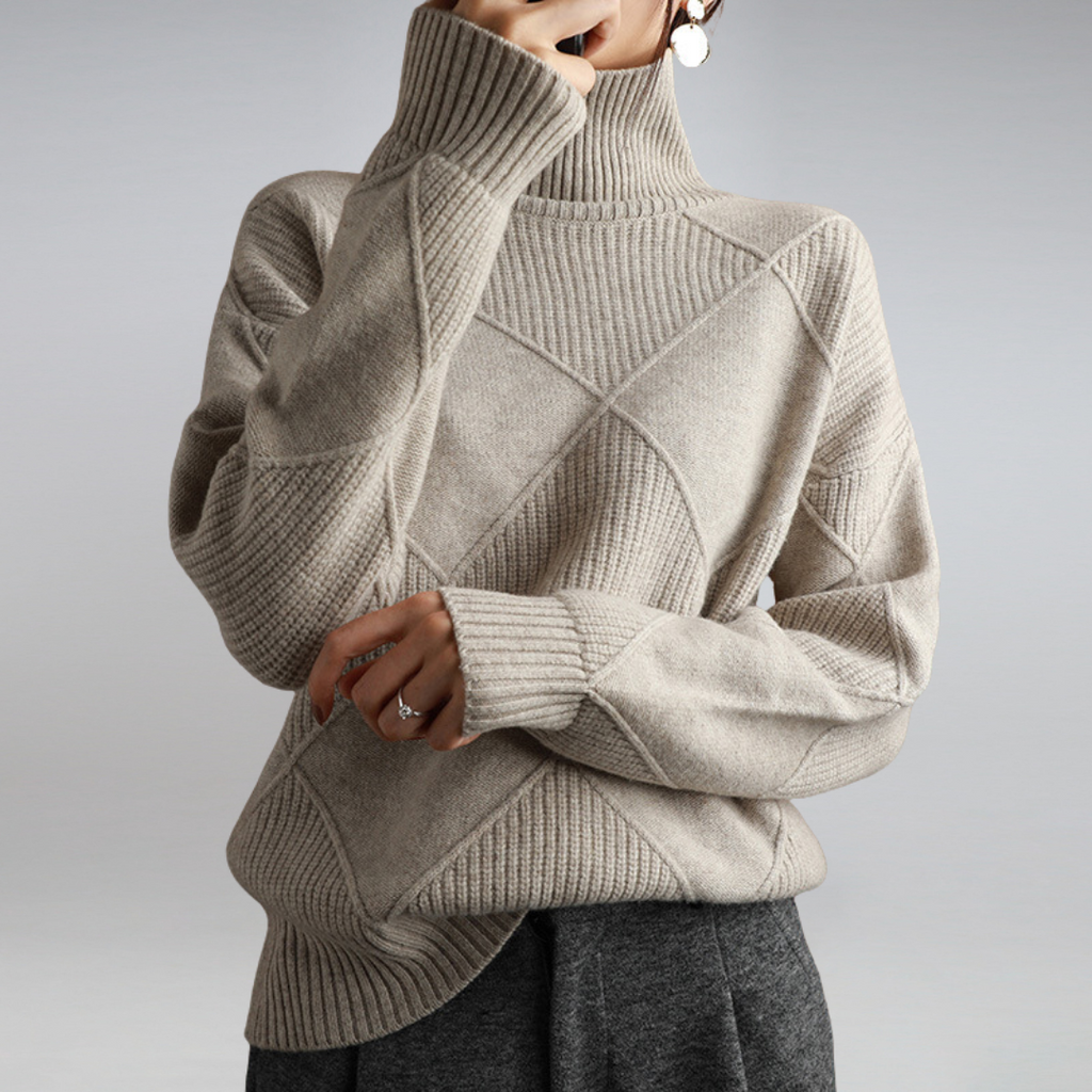 Selestia | Diamantmönster Höghalsad Ribbad Tröja - Elegant Geometrisk Polotröja