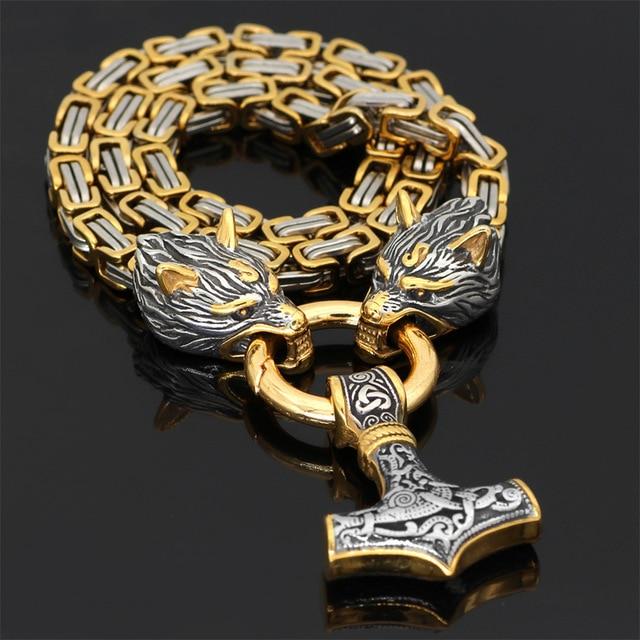 Rostfritt stål dubbelt varghuvud & Mjolnir Survival Spirit Halsband/armband