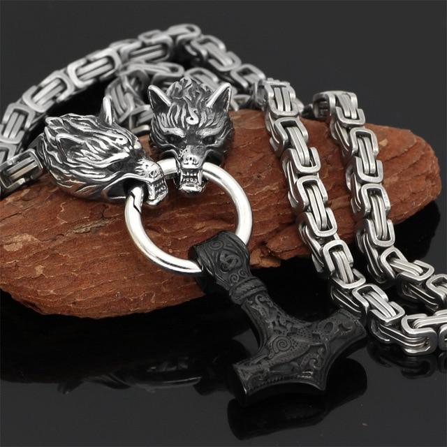 Rostfritt stål dubbelt varghuvud & Mjolnir Survival Spirit Halsband/armband
