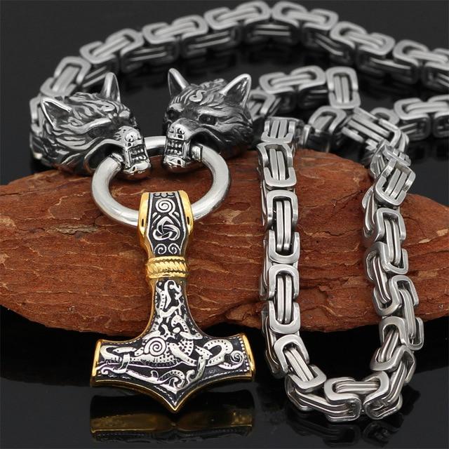 Rostfritt stål dubbelt varghuvud & Mjolnir Survival Spirit Halsband/armband