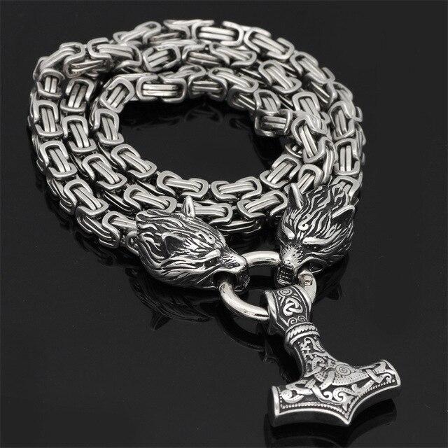 Rostfritt stål dubbelt varghuvud & Mjolnir Survival Spirit Halsband/armband